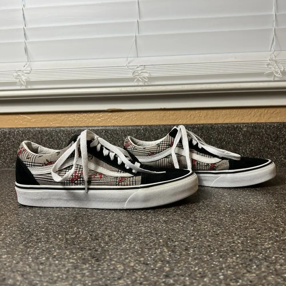 VANS Floral/Plaid Black Suede Canvas Skate Shoe Womens Sz 9.5 Lace Up Low Mens 8